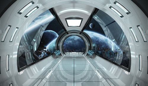 Spaceship Interior With View On Planets 3d Rendering